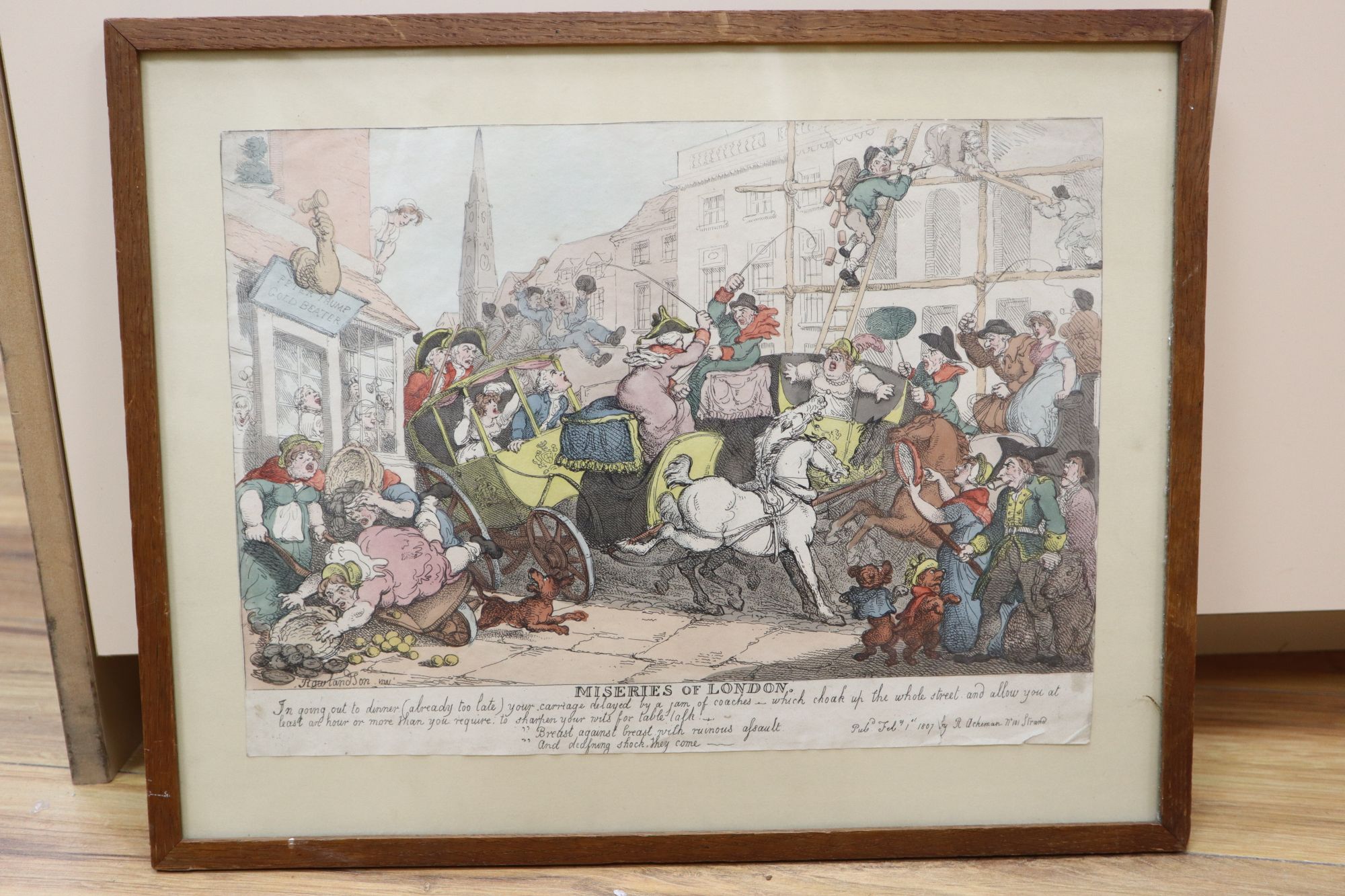 After Rowlandson, coloured engravings, Miseries of London, 26 x 35.5cm